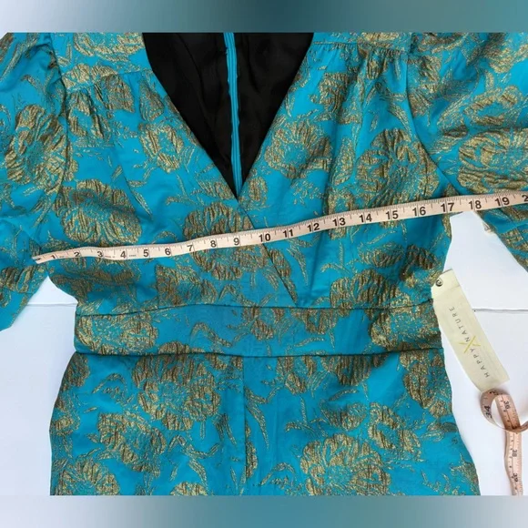 NWT Happy x Nature by Kate Hudson Teal & Gold Brocade Puff Sleeve Jumpsuit - Picture 6 of 15
